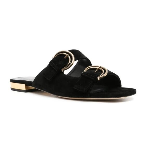 Chloé Alizè Flat Sandals Slides Black Suede Size 8 US 38 EU NIB Gold Buckles - Picture 1 of 16